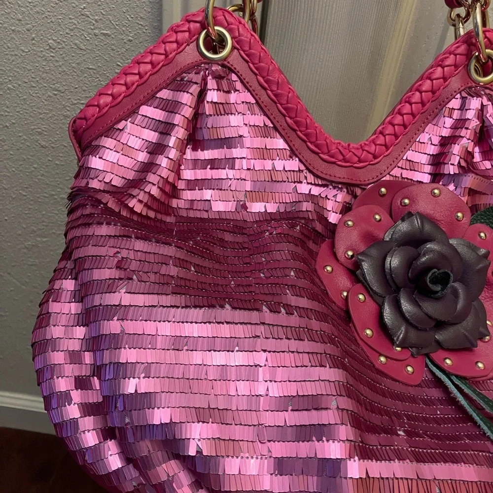 Y2K Sharif Magenta Pink Sequins and Leather flower purse